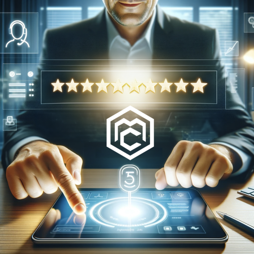 The image displays a professional setting where an individual, likely a business executive, is interacting with a futuristic, touch-sensitive interface. The screen in front of him showcases a glowing five-star rating above a hexagonal symbol that could represent a company logo. The number 5, also highlighted, seems to indicate a top score or priority. The surrounding digital graphics include icons suggesting search, security, or user profile access, with checkboxes implying task completion or standards met. This image conveys a theme of performance evaluation, quality assurance, and high-tech business management, which aligns with the context of assessing outsourced helpdesk services.