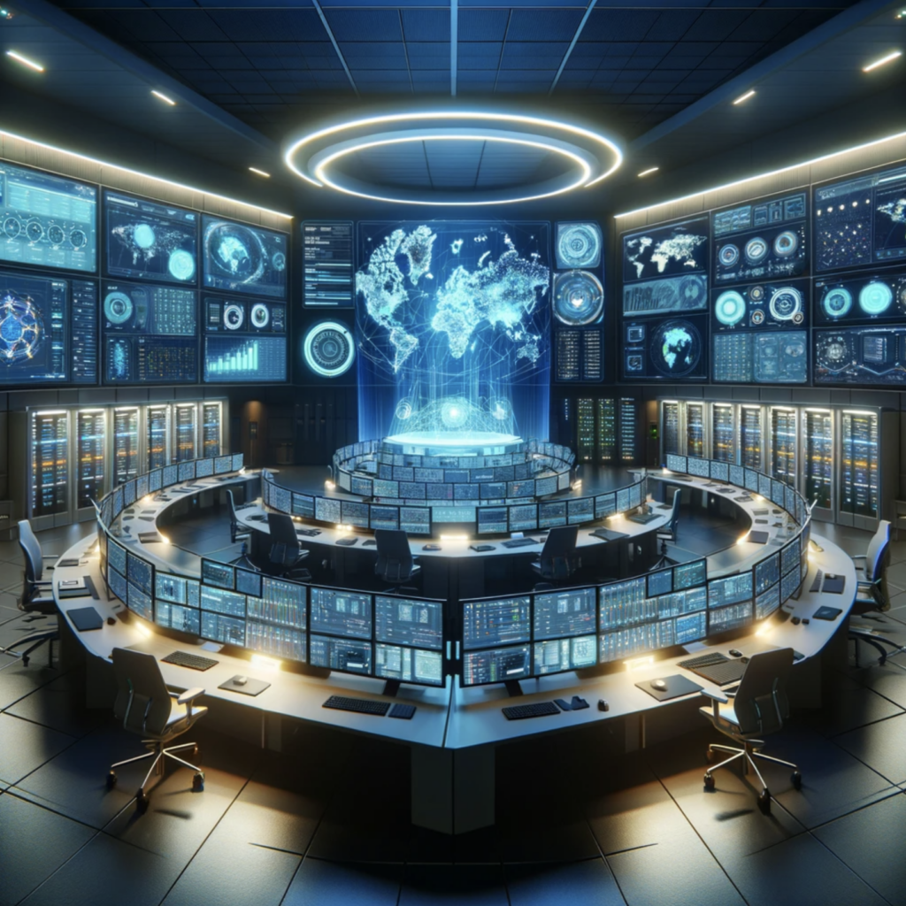 Image that visually represents a high-tech network operations center, showcasing advanced monitoring and management capabilities.