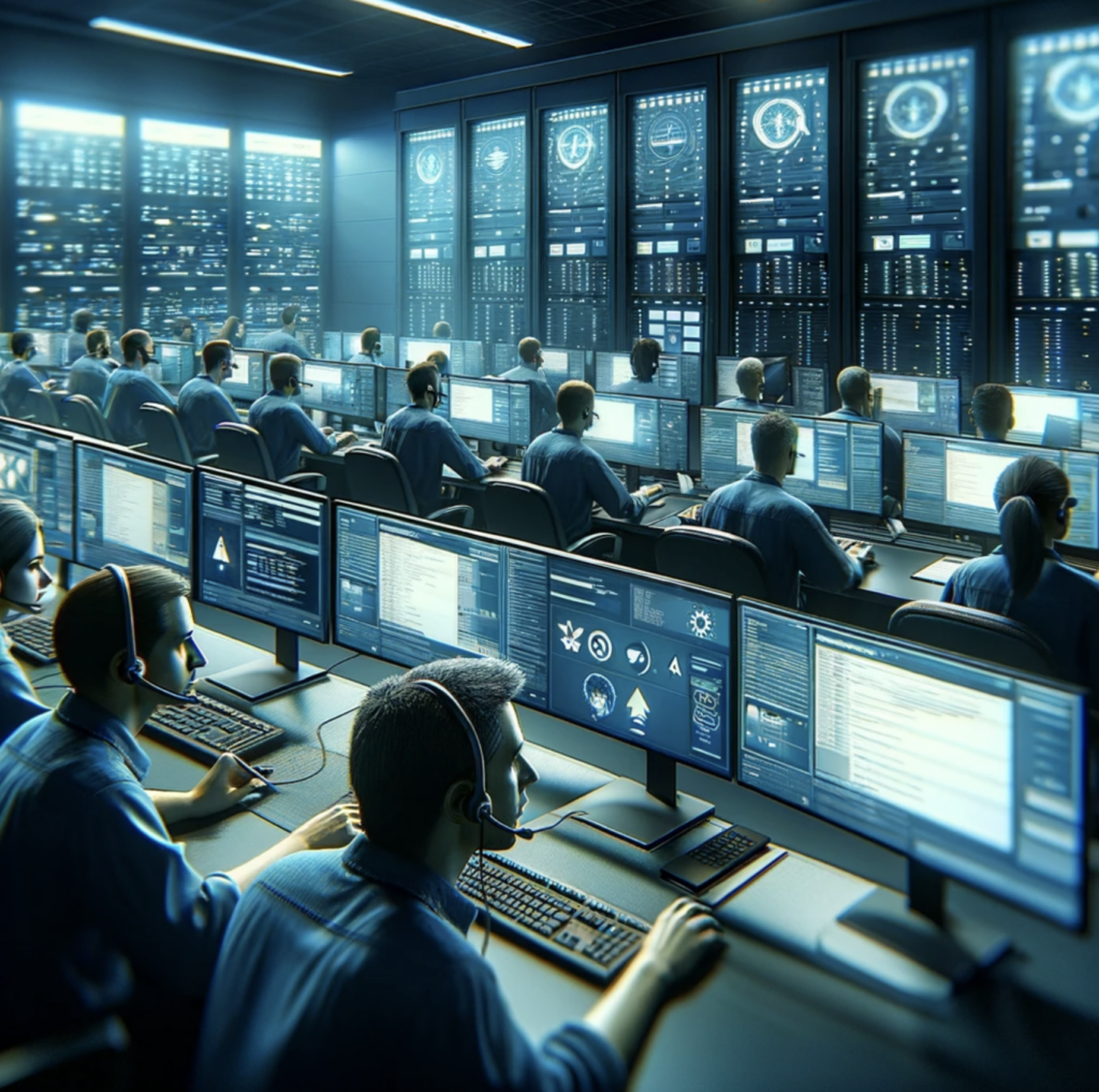 Image depicts a network operations center responding with urgency to a critical alert, highlighting the rapid response capabilities of an effective outsourced NOC team.