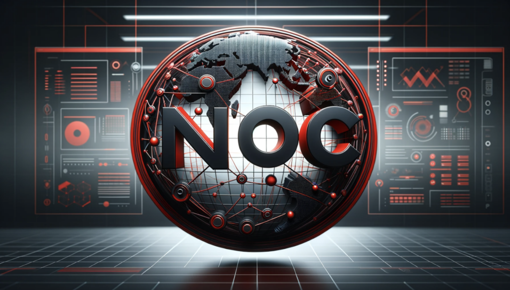 A photo-realistic symbol for a Network Operations Center (NOC), featuring a 3D stylized globe, network grids, and digital interfaces in red and black. The text 