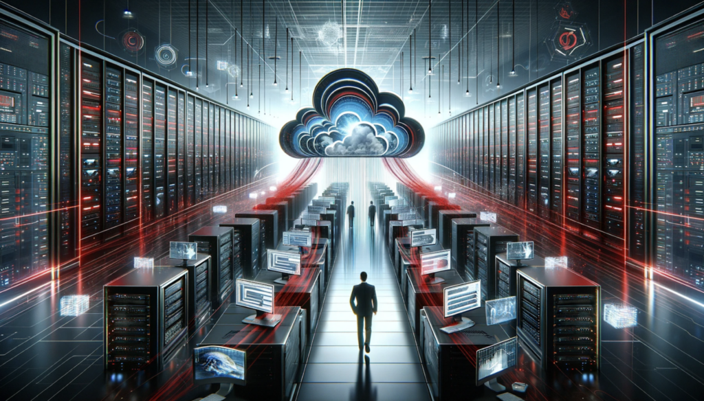 A photo-realistic image showing a Managed Service Provider (MSP) office or data center, depicting the concept of scalability. The scene includes expanding servers, network panels, and digital displays, all in a smooth and fluid manner. The color scheme is dominated by red and black, emphasizing sophistication and power in technology services. The illustration conveys effortless growth and scalability in the MSP industry.